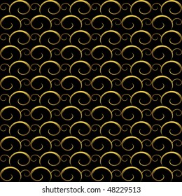 Black abstract seamless pattern with gold curls (vector)