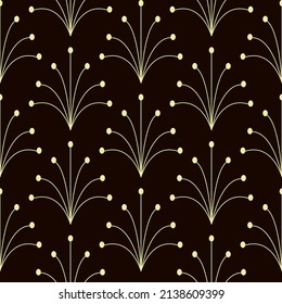Black abstract seamless pattern. Golden bush. Geometric botanical shape. Japanese style. Minimal wallpaper design. Editable stroke. Vector stock illustration