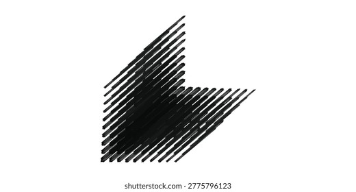 A black abstract shape composed of diagonal lines, with a denser, darker area in the middle.