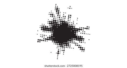 Una forma abstracta negra compuesta de puntos semitonos, irradiando hacia afuera desde una masa oscura central.