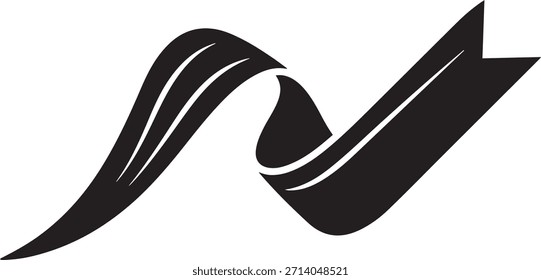 A black abstract shape resembling a ribbon with flowing curves and sharp, angular edges on a plain white background.