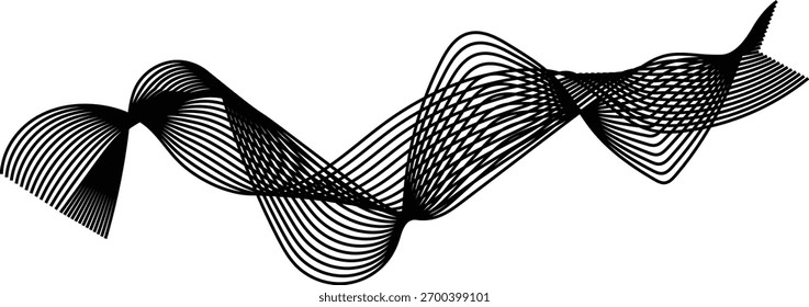 Uma forma abstrata preta semelhante a uma fita ondulada e torcida formada por linhas paralelas em um fundo branco.