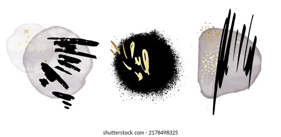 black abstract  shape watercolor background, goth modern stationery template , greeting card, decorative elements, interior design, dark wall art with gold texture vector 