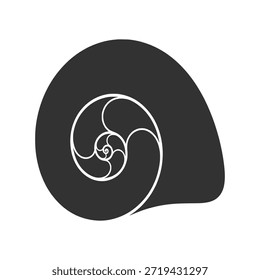 A black abstract shape with a white spiral design, resembling a nautilus shell or a stylized logo.