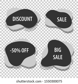 Black abstract shapes badges set. Fluid banner, template for poster, price, tag and discount. Vector image. Isolated on transparent background.