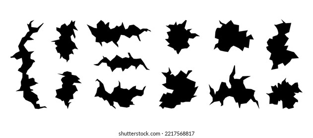 Formas abstractas negras con bordes rotos y rotos. Superficie dañada, grietas y diseño de conjunto vectorial de agujeros. Elementos gráficos de fondo decorativos
