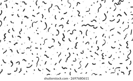 Formas abstractas negras y puntos esparcidos al azar sobre una superficie blanca.