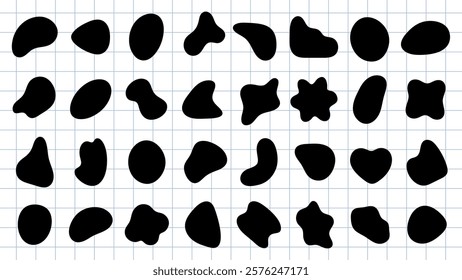 Black abstract shapes on grid paper. Abstract shapes vary in size and form. Grid paper background highlights the abstract shapes' unique outlines. Black shape vector set.