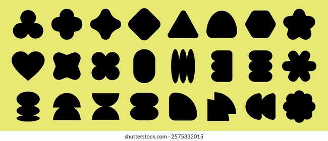 Black abstract shapes on a yellow background. Various geometric forms, abstract shapes, and unique patterns create a striking contrast on yellow. Element vector collection.