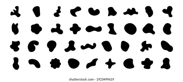 Black abstract shapes, organic blobs and blotch of irregular shape. Inkblot silhouettes, simple liquid splodge elements. Big vector set