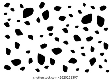Black abstract shapes scattered across a white background create a modern artistic pattern