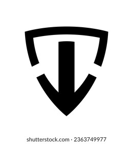 Black Abstract Shield Shaped Down Facing Arrow Icon on a White Background