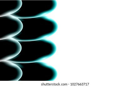 Black abstract shiny beautiful and convex volumetric simple ovals, stones, bubbles, eggs with blue light glares located on the side on a white background  place for a simple text. Vector illustration