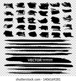 Black abstract short and very thin long textured smears very big set isolated on imitation transparent background
