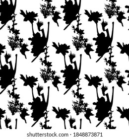 Black abstract silhouette of plants. Vector illustration. Seamless pattern.