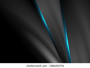 Black abstract smooth background with blue glowing neon light. Vector design