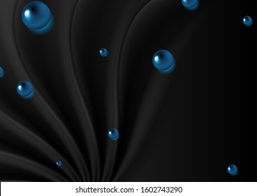 Black abstract smooth waves graphic design with 3d blue glossy circles. Geometric futuristic corporate background. Vector illustration