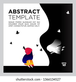 Black abstract space background design. Fluid shapes composition. Modern design posters. Banner. Girl in space. Girl lost in danger. Vector.