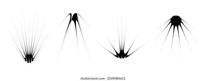 Black abstract spiky element set. Thin thorn semicircle shapes and angular twinkles bundle. Futuristic spokes objects for poster, collage, banner, logo, card, icon, label, sticker, badge. Vector