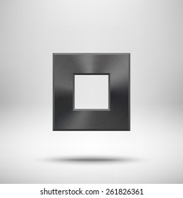 Black abstract square badge, technology blank button template with metal texture (chrome, steel), realistic shadow and light background for user interfaces, UI, applications, apps. Vector illustration