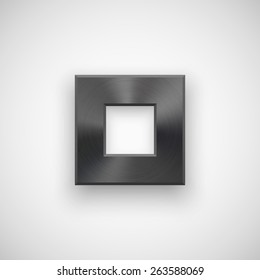 Black abstract square badge, technology blank button template with metal texture (chrome, steel), realistic shadow and light background for user interfaces, UI, applications, apps. Vector illustration