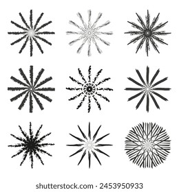 Colección de estallido abstracto negro. Diseño de líneas radiales dinámicas. Símbolos de efecto de explosión. Ilustración vectorial. EPS 10.