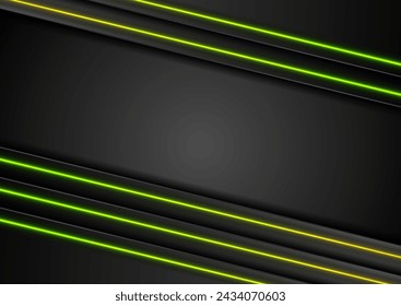 Black abstract striped background with green yellow neon lines. Futuristic corporate vector design