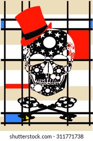 Black And Abstract Style Skull With Mondrian Painting Together And Red, Blue, Yellow Cubic Block Print Vector Print Pattern. For Halloween And Fashion Trend Special Offers. T Shirt Print, Gift, Card.