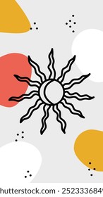 A black abstract sun with wavy rays design in the center, surrounded by red, yellow, and white shapes and polka dots on a light gray background, representing warmth and creativity.