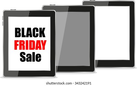Black abstract Tablet PC with black friday sale words on it. isolated on white background. vector illustration