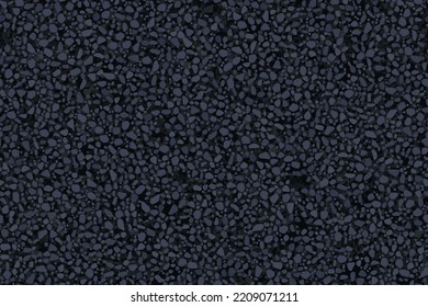 Black abstract tarmac seamless pattern top view. Dark grey asphalt texture. Vector illustration of road coat material. Grunge granular closeup surface. Bitumen grain highway backdrop