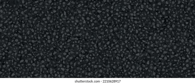 Black abstract tarmac seamless texture top view. Dark grey asphalt pattern. Vector illustration of road coat material. Grunge granular closeup surface. Bitumen grain highway backdrop