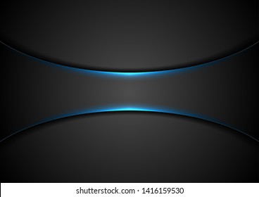 Black abstract tech background with blue neon glowing light. Vector design