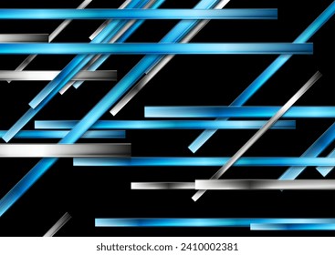 Fondo técnico abstracto negro con rayas brillantes azules y metálicas. Diseño de vectores