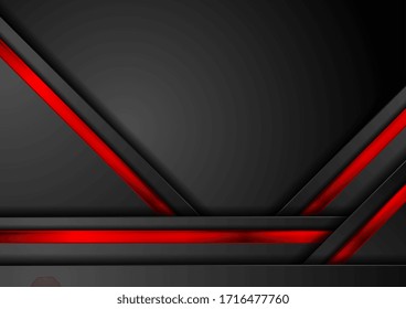 Black abstract tech background with contrast red glossy stripes. Vector geometric design