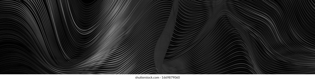 Banner técnico abstracto negro con ondas lustrosas curvadas líquidas. Fondo vectorial de refracción oscura