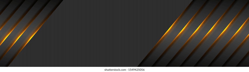 Black abstract tech banner with orange glowing neon light. Vector futuristic luminous background