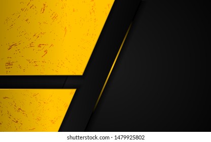 Black abstract tech geometric background a combination yellow metallic line shape and grunge texture composition