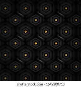 Black abstract tech geometric modern seamless pattern background with paper hexagon shapes and gold figure.Vector illustration design for banners,websites,poster.