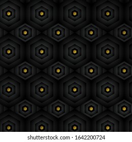 Black abstract tech geometric modern seamless pattern background with paper hexagon shapes and gold figure.Vector illustration design for banners,websites,poster.