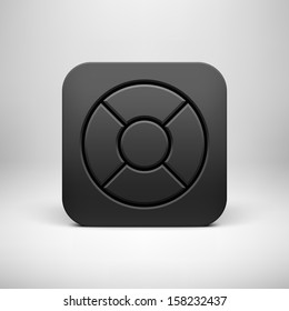 Black abstract technology app icon, button template with circle perforated speaker grill pattern, realistic shadow and light background user interfaces (UI), applications (apps) and presentations.