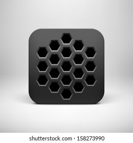 Black abstract technology app icon, button template with polygon perforated pattern, realistic shadow and light background for user interfaces (UI), applications (apps) and presentations. Vector.