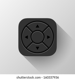 Black abstract technology app icon, joystick button template with arrows, flat deigned shadow and light background for user interfaces (UI), applications (apps) and presentations. Vector illustration.