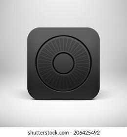 Black abstract technology app icon, button template with circle perforated speaker grill pattern, realistic shadow and light background for user interfaces, UI, applications, apps, and presentations.