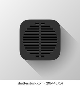 Black abstract technology app icon, button template with circle perforated speaker grill pattern, flat designed shadow and light background user interfaces (UI), applications (apps) and presentations.