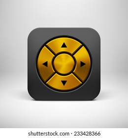 Black abstract technology app icon, joystick button template with arrows, gold metal texture (steel, chrome, silver), realistic shadow and light background for user interfaces, UI, applications, apps.