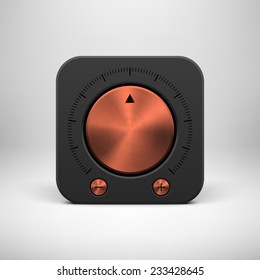 Black abstract technology app icon, button template with music volume knob, bronze metal texture (steel, chrome), realistic shadow and light background for user interfaces, UI, applications, apps.