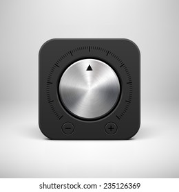 Black abstract technology app icon, button template with music volume knob, metal texture (steel, chrome, silver), realistic shadow and light background for user interfaces, UI, applications, apps.
