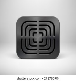 Black abstract technology app icon, button template with square perforated speaker grill, metal texture (chrome, steel), realistic shadow, light background for applications, apps. Vector illustration.