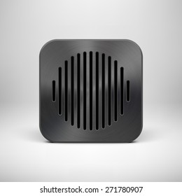 Black abstract technology app icon, button template with circle perforated speaker grill, metal texture (chrome, steel), realistic shadow, light background for applications, apps. Vector illustration.